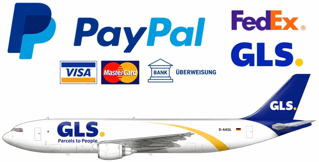 GLS Versand weltweit – sichere Zahlung mit PayPal, Visa, Mastercard und Banküberweisung sowie schneller internationaler Versand mit GLS und FedEx.