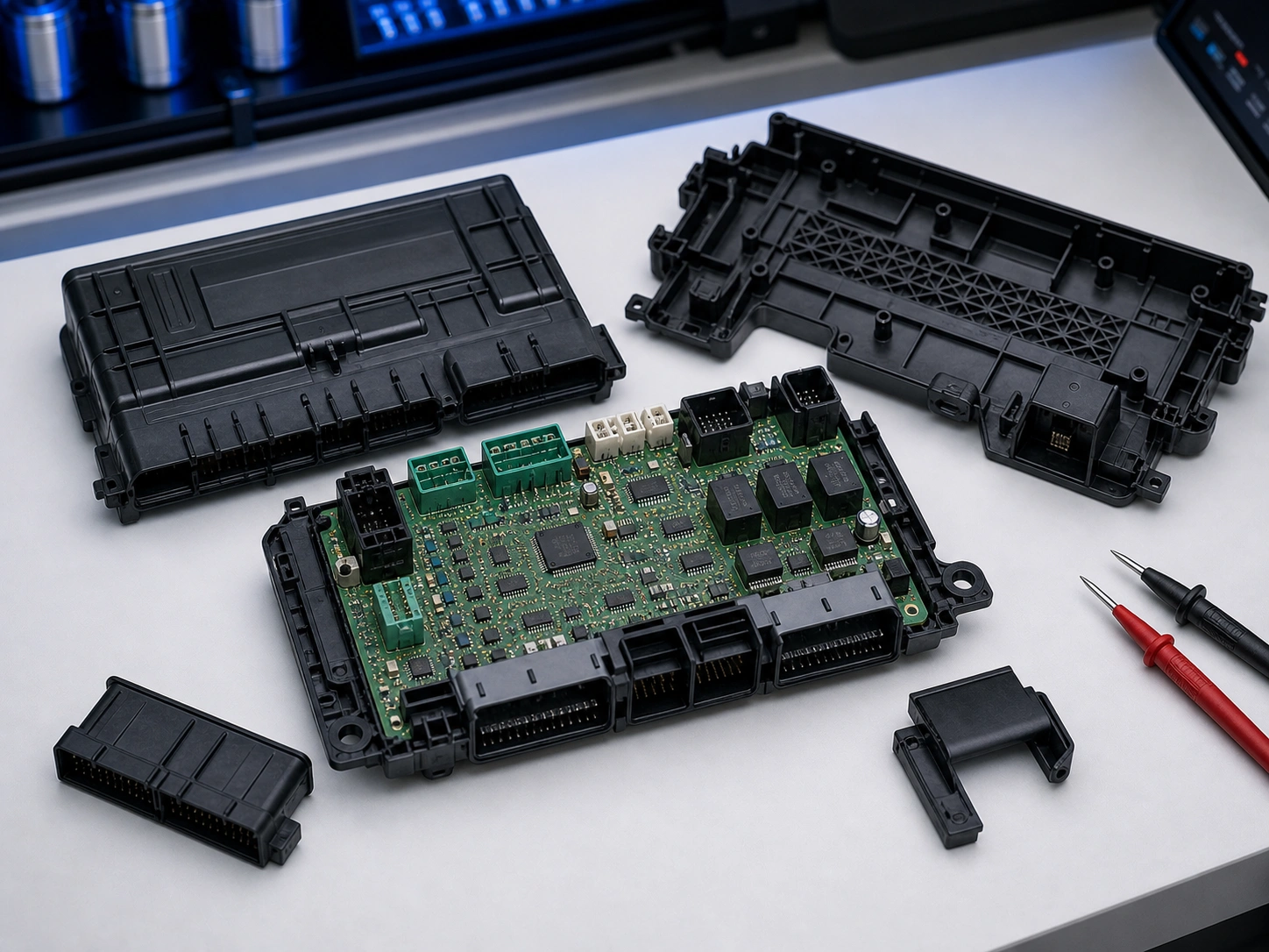 Geöffnetes BCM Body Control Module auf hellem Arbeitstisch zur Fahrzeugelektronik Reparatur