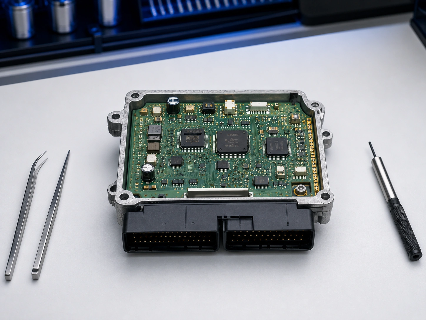 Geöffnetes Motorsteuergerät ECU auf hellem Arbeitstisch zur Diagnose und Reparatur